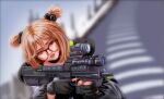  1girl absurdres alternate_eyewear bad_gun_anatomy black_gloves black_jacket blurry blurry_background brown-framed_eyewear brown_eyes brown_nails bullpup commentary day double-parted_bangs double_bun english_commentary eyeliner fingerless_gloves fingernails girls_frontline glasses gloves gun hair_bun head_tilt highres holding holding_gun holding_weapon hood hood_down hooded_jacket jacket lips lipstick long_sleeves looking_ahead looking_to_the_side makeup medium_hair nail_polish optical_sight outdoors p90 p90_(girls&#039;_frontline) red_lips road round_eyewear sashimi_chan solo submachine_gun trigger_discipline upper_body weapon 