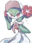  1girl absurdres adjusting_clothes adjusting_headwear blush blush_stickers bob_cut bonnet capelet closed_mouth clothed_pokemon colored_skin commentary flat_chest flower flying_sweatdrops gardevoir gardevoir_(fashionable) green_hair green_skin hair_between_eyes hands_up hat hat_flower highres looking_at_viewer mame_(pixiv_57985908) multicolored_skin nervous pink_trim pokemon pokemon_(creature) pokemon_(game) pokemon_unite red_eyes red_flower short_hair simple_background sketch solo split_mouth standing two-tone_skin white_background white_capelet white_headwear white_skin 
