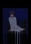  1girl asymmetrical_hair brown_hair dress expressionless full_body glitch hair_ornament highres iwakura_lain melting serial_experiments_lain short_hair single_sidelock sitting sleeveless sleeveless_dress solo strap_slip surreal white_dress x_hair_ornament yatatashira 