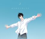  1boy black_hair blue_background blue_sky collared_shirt crescent_moon curly_hair given highres light_particles male_focus moon murata_ugetsu open_mouth outdoors outstretched_arms pants pinoli_(pinoli66) shirt sky smile solo spread_arms translation_request upper_body white_shirt 