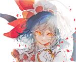  1girl commentary grey_hair hat hat_ribbon looking_at_viewer mob_cap mrhrprpr open_mouth red_eyes red_nails red_ribbon remilia_scarlet ribbon short_hair simple_background solo symbol-only_commentary tears touhou upper_body white_background white_headwear 