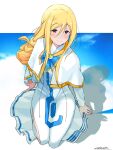  1girl alicia_florence andanden aria aria_company_uniform arm_support blonde_hair blue_bow blue_bowtie blue_sky bow bowtie braid braided_ponytail capelet closed_mouth clouds cloudy_sky dress eyelashes full_body gold_trim hair_between_eyes highres kneeling long_dress long_hair looking_at_viewer on_ground shadow side_slit signature sky smile solo white_capelet white_dress 