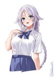 1girl aqua_eyes blue_skirt braid braided_ponytail breasts collared_shirt dress_shirt ebifurya hair_between_eyes hair_flaps hand_on_own_chest hand_up highres kantai_collection large_breasts long_hair looking_at_viewer mole mole_under_eye one-hour_drawing_challenge open_mouth pleated_skirt ribbon shirt shirt_tucked_in short_sleeves simple_background skirt smile solo umikaze_(kancolle) very_long_hair white_background white_shirt 