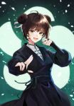  1girl absurdres brown_eyes brown_hair double_bun fingerless_gloves glint gloves hair_bun highres korean_commentary looking_at_viewer open_mouth petals puffy_sleeves return_of_the_mount_hua_sect sash shine_s247 short_hair solo tang_soso_(return_of_the_mount_hua_sect) 