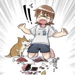  021_shiro 1girl aioi_yuuko black_shorts brown_hair cheese collarbone crying food nichijou open_mouth piggy_bank shirt short_hair shorts simple_background solo speed_lines twitter_username wallet white_background white_shirt 