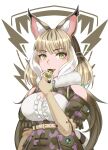  1girl absurdres animal_ears bare_shoulders belt camouflage cat_ears cat_girl cat_tail elbow_gloves extra_ears gloves green_eyes grey_hair highres jungle_cat_(kemono_friends) kawanami_eito kemono_friends kemono_friends_v_project long_hair looking_at_viewer microphone ribbon shirt simple_background skirt solo tail twintails virtual_youtuber whistle 