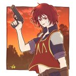  1girl arc_the_lad arc_the_lad_iii bandages belt brown_eyes cheryl_(arc_the_lad) clouds denim gloves gun highres holding holding_gun holding_weapon jeans looking_at_viewer midriff navel oma open_mouth pants redhead short_hair smile solo weapon 