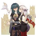  2girls bird black_jacket black_shorts blue_eyes breasts byleth_(female)_(fire_emblem) byleth_(fire_emblem) cape cowboy_shot crossed_arms dove edelgard_von_hresvelg fire_emblem fire_emblem:_three_houses gold_trim green_hair grey_cape grey_hair hair_between_eyes hair_ribbon highres jacket lace_thighhighs long_hair looking_at_another medium_breasts medium_hair midriff_peek military military_uniform multiple_girls navel parted_bangs parted_lips purple_ribbon red_cape ribbon risericem short_shorts shorts smile uniform vambraces white_bird 