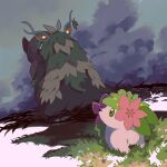  clouds cloudy_sky flower grass green_eyes highres leaf looking_at_another no_humans orange_eyes outdoors pink_flower pokemon pokemon_(creature) shaymin shaymin_(land) sky v_(govvvvw) wo-chien 