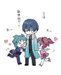  &gt;_&lt; 1boy 2girls aqua_hair blue_coat blue_hair blue_pants blue_vest closed_eyes closed_mouth coat colored_skin commentary_request employee_(lobotomy_corporation) fake_wings fur-trimmed_coat fur_trim grey_eyes grey_pants grey_shirt grey_vest heart lobotomy_corporation long_sleeves medu_(rubish) multiple_girls necktie no_nose open_clothes open_coat open_mouth pants pink_hair pink_shirt pink_skirt project_moon running shirt short_hair sketch skirt smile thigh-highs translation_request twintails two_side_up vest white_background white_necktie white_shirt white_skin white_thighhighs wings 