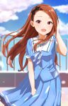  1girl black_hairband black_ribbon blue_bow blue_bowtie blue_jacket blue_skirt blue_sky blurry blurry_background blush bow bowtie breasts brown_eyes brown_hair clouds day dot_nose fence hair_ribbon hairband hand_up highres idolmaster idolmaster_(classic) idolmaster_million_live! idolmaster_million_live!_theater_days jacket long_hair looking_at_viewer maa_(io_215) minase_iori open_mouth plaid plaid_bow plaid_bowtie pleated_skirt ribbon sailor_collar short_sleeves skirt sky small_breasts smile solo white_sailor_collar 