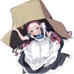  1girl absurdres apron black_dress blue_archive blush box cardboard_box dress forehead frilled_dress frills grey_eyes highres long_hair looking_at_viewer maid maid_headdress parted_lips redhead shisantian short_sleeves simple_background sketch solo sweat under_box very_long_hair white_apron white_background yuzu_(blue_archive) yuzu_(maid)_(blue_archive) 