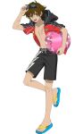 1boy ahoge ball bandaid bandaid_on_arm bandaid_on_face bandaid_on_knee bandaid_on_leg bandaid_on_nose beachball brown_hair english_commentary feet flip-flops full_body goggles goggles_on_head hair_between_eyes highres holding holding_ball hood kor_meteor legs male_focus male_swimwear navel official_art open_clothes open_mouth open_shirt sandals short_sleeves solo swim_trunks tales_of_(series) tales_of_asteria tales_of_hearts teeth toenails toes topless_male transparent_background upper_teeth_only 