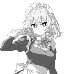  1girl bow braid bright_pupils closed_mouth commentary greyscale hair_bow izayoi_sakuya long_sleeves looking_at_viewer maid maid_headdress medium_hair monochrome onkn_sxkn side_braids simple_background solo touhou twin_braids upper_body 