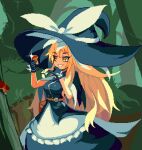  1girl black_gloves black_headwear blonde_hair bow breasts brodall_pixel brown_eyes gloves grin hat hat_bow hat_ribbon highres holding holding_mushroom kirisame_marisa large_breasts mushroom outdoors parted_lips pixel_art ribbon short_sleeves smile solo teeth touhou white_bow white_ribbon witch_hat 