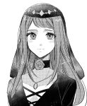  1girl absurdres black_headwear blush close-up dress fire_emblem fire_emblem_engage flower greyscale hair_ornament highres illust_mi ivy_(fire_emblem) jewelry long_hair looking_at_viewer mole mole_under_mouth monochrome official_alternate_costume portrait rose simple_background smile solo straight-on swept_bangs upper_body white_background 
