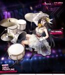  1girl ascot bandaged_head bandages black_hair boots breasts buttons character_name colored_shoe_soles commentary copyright_name cymbals double-breasted dress drum drum_set drumsticks earrings english_commentary english_text full_body fur-trimmed_sleeves fur_trim girls_frontline gloves hair_between_eyes hairband highres holding holding_drumsticks imoko_(imonatsuki) instrument jewelry large_breasts long_hair music no_socks official_alternate_costume official_art open_mouth playing_instrument promotional_art red_eyes see-through see-through_sleeves single_sleeve sitting solo star_(symbol) white_dress white_footwear white_gloves white_hairband yamada_tae yellow_ascot zombie_land_saga 
