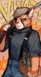  box cat_boy christory_yyb denim eyepatch furry furry_male gun highres holding holding_box holding_gun holding_weapon lackadaisy male_focus orange_fur solo suspenders sweater turtleneck turtleneck_sweater viktor_vasko weapon weibo_logo weibo_username 