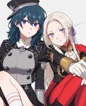  2girls blue_eyes byleth_(female)_(fire_emblem) byleth_(fire_emblem) cape closed_mouth edelgard_von_hresvelg fire_emblem fire_emblem:_three_houses garreg_mach_monastery_uniform gloves hair_ornament hair_ribbon highres long_hair long_sleeves looking_at_viewer multiple_girls official_alternate_costume peach11_01 red_cape ribbon sideways_hat simple_background smile uniform violet_eyes white_hair 