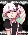 1girl black_background black_eyebrows black_hair black_highlights black_shirt blush buttons cakey_obsequious closed_eyes closed_eyes collar collared_shirt eyebrows female female_focus female_only flat_chest ghost_and_pals gradient gradient_background hair_shine highlights human pink_stripes pixie_cut reddit saicopaints short_hair smile smiling striped stripes suspenders teeth the_appetite_of_a_people-pleaser visible_ears vocaloid watermark white_background white_hair white_suspenders