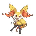  1girl :t animal_ear_fluff animal_ears animal_feet animal_hands animal_nose black_fur blush body_fur braixen closed_mouth feet flat_chest forehead fox_ears fox_girl fox_tail full_body furry furry_female hand_up holding holding_stick legs light_blush looking_at_viewer multicolored_fur neck_fur pokemon pokemon_(creature) pout red_eyes simple_background solo standing stick tail towa_(clonea) white_background white_fur yellow_fur 