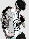  1boy absurdres bandaid black_hair blood blood_on_clothes cowboy_shot earrings grey_background hair_over_eyes highres jacket jewelry looking_at_viewer marinachan muzzle nail_polish open_clothes open_jacket original shirt short_hair solo sweater t-shirt tattoo white_shirt 