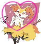  1girl animal_ear_fluff animal_ears animal_hands animal_nose artist_name black_fur blush body_fur border braixen commentary fang flat_chest fox_ears fox_girl fox_tail furry furry_female hands_up happy heart heart_hands leg_up looking_at_viewer multicolored_fur neck_fur open_mouth outside_border pokemon pokemon_(creature) purple_background red_eyes signature smile solo standing standing_on_one_leg star_(symbol) stick tail tale_(b8codomu) white_border white_fur yellow_fur 