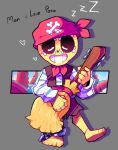  1boy brawl_stars broom chain closed_eyes english_text pirate pirate_costume pirate_poco red_ribbon ribbon sir_koi skeleton sleepy smile solid_eyes undead 