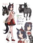  1girl animal_ears asymmetrical_legwear black_hair black_skirt bow braid character_name choker closed_mouth collar creature_and_personification detached_sleeves dress ear_ornament ear_ribbon full_body gameplay_mechanics highres horse horse_ears horse_girl horse_tail jacket looking_at_viewer looking_to_the_side multicolored_hair musical_note nebusoku_(qinbuzu) open_mouth original real_life red_bow red_choker red_dress red_footwear red_ribbon ribbon see-through see-through_jacket short_hair sketch skirt socks songline_(racehorse) tail tearing_up twin_braids umamusume uneven_legwear white_collar white_hair white_socks yellow_eyes 