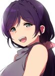  1girl :d braid duke_(inu_daimyou) green_eyes grey_sweater long_hair looking_at_viewer love_live! love_live!_school_idol_project low_twintails open_mouth purple_hair simple_background sleeveless sleeveless_sweater smile solo sweater teeth toujou_nozomi twintails upper_body upper_teeth_only white_background 