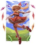  1girl :d absurdres adapted_costume arms_up ascot bare_legs blush bobby_socks border bow_legwear clouds crystal fangs flandre_scarlet full_body full_of_energy grass happy hat highres knees_together_feet_apart long_sleeves looking_down mary_janes mob_cap nose open_mouth outdoors outside_border petticoat puffy_long_sleeves puffy_sleeves red_footwear red_skirt red_vest shoes short_hair_with_long_locks skirt skirt_set sky smile socks solo standing standing_on_one_leg teeth touhou vest white_border wings yellow_ascot 
