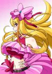  1girl belt_bow blonde_hair breasts brooch butterfly_earrings cure_butterfly earrings elbow_gloves gloves hands_on_own_hips highres hijiri_ageha hirogaru_sky!_precure jewelry large_breasts long_hair looking_at_viewer magical_girl midriff pink_headwear pink_skirt precure single_leg_pantyhose skirt smile solo very_long_hair violet_eyes wakabayashi_makoto wing_brooch wing_hair_ornament 