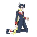  1boy 99akt1031 absurdres aqua_eyes black_footwear black_hair black_jacket black_pants buttons commentary_request full_body grimsley_(pokemon) hair_between_eyes highres jacket kneeling long_sleeves male_focus pants parted_lips pointy_hair pokemon pokemon_(game) pokemon_bw scarf shirt shoes simple_background solo white_background white_shirt yellow_scarf 