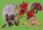  antennae bug claws full_body galvantula green_background highres insect_wings leavanny lokix no_humans orbeetle pheromosa pokemon pokemon_(creature) scizor simple_background spider v_(govvvvw) violet_eyes wings 