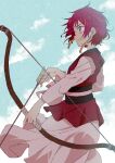  1girl akatsuki_no_yona arrow_(projectile) blue_sky bow_(weapon) drawing_bow earrings frown holding holding_arrow holding_bow_(weapon) holding_weapon jewelry long_sleeves purasu_no_konbu redhead short_hair sky solo tassel tassel_earrings violet_eyes weapon yona_(akatsuki_no_yona) 