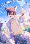  1boy absurdres animal_ears blue_shorts dog_ears earrings flower highres holding holding_hose hose indie_virtual_youtuber jacket jewelry male_focus midriff navel one_eye_closed open_mouth purple_hair rr_ayan short_hair shorts shoto_(vtuber) smile solo stomach violet_eyes virtual_youtuber water_drop white_jacket 