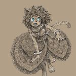  1girl animal_ears animal_legs aqua_eyes bracelet claws dress floating_clothes full_body furry furry_female highres jewelry looking_afar momochichi77 open_mouth original sepia short_hair solo standing standing_on_one_leg tail wolf_girl 