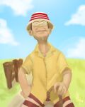  1boy brown_hair cane closed_mouth clouds cloudy_sky day facial_hair glasses hat highres holding holding_cane looking_up one_piece shirt short_hair short_sleeves signature sky solo stick strayzinho striped striped_headwear woop_slap yellow_shirt 