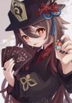  1girl black_headwear black_nails blush brown_hair chinese_clothes collared_coat double-parted_bangs engasaki_sakura flower flower-shaped_pupils genius_invokation_tcg genshin_impact hair_between_eyes hat hat_flower hat_tassel highres hu_tao_(genshin_impact) jewelry long_hair looking_at_viewer multiple_rings plum_blossoms porkpie_hat red_eyes ring sidelocks simple_background solo sparkle symbol-shaped_pupils tongue tongue_out trading_card upper_body 