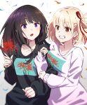  2girls :o arm_hug black_hair black_sweater blonde_hair blue_nails blush breasts chromatic_aberration clenched_teeth collarbone commentary floral_print flower hair_ribbon highres holding holding_flower hyoe_(hachiechi) inoue_takina long_hair looking_at_viewer lycoris_recoil multiple_girls nail_polish nishikigi_chisato open_mouth red_eyes red_nails red_ribbon ribbon short_hair sidelocks simple_background smile spider_lily sweater teeth upper_body violet_eyes white_background white_sweater yuri 
