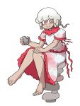  1girl :d absurdres commentary ebisu_eika eddybird55555 full_body highres long_earlobes looking_at_viewer rock shirt short_hair simple_background sitting skirt smile solo stacking touhou white_background white_hair white_shirt white_skirt 