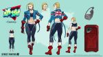  1girl abs absurdres blonde_hair blue_jacket boots cammy_white choker fingerless_gloves gloves highres jacket leggings medium_hair midriff official_art open_clothes open_jacket red_footwear reference_sheet scar scar_on_cheek scar_on_face sports_bra street_fighter street_fighter_6 