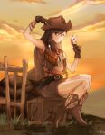  1girl ace_of_hearts azao_0 bare_shoulders beads belt belt_buckle black_belt boots bracelet breasts brown_eyes brown_footwear brown_gloves brown_hair brown_headwear brown_skirt brown_vest buckle card clouds cloudy_sky cowboy_boots cowboy_hat crate crisis_core_final_fantasy_vii crop_top final_fantasy final_fantasy_vii fringe_trim full_body gloves grass hair_beads hair_between_eyes hair_ornament hat heart highres holding holding_card holding_clothes holding_hat jewelry joker_(card) leather_vest looking_at_viewer medium_breasts midriff official_alternate_costume outdoors playing_card shirt sitting skirt sky sleeveless sleeveless_shirt smile solo sunset tifa_lockhart vest white_shirt wooden_box 