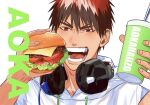  1boy burger cup disposable_cup eating food headphones headphones_around_neck holding holding_cup holding_food hood hoodie kagami_taiga kuroko_no_basuke looking_at_object male_focus mirin_(coene65) open_mouth portrait red_eyes redhead short_sleeves solo white_background white_hoodie 
