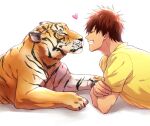  1boy animal closed_eyes heart kagami_taiga kuroko_no_basuke male_focus parted_lips redhead shadow short_hair smile teeth tiger white_background zawar379 