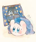  1boy bed_sheet blue_eyes blush clouds cloudy_sky curtains guarani_(muku_6930) highres kirby kirby_(series) light_rays mountain nervous no_humans sky window 