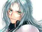  1boy 3wa_tari armor black_jacket closed_mouth final_fantasy final_fantasy_vii final_fantasy_vii_remake green_eyes grey_hair high_collar jacket long_bangs long_hair looking_at_viewer male_focus parted_bangs sephiroth shoulder_armor slit_pupils smile solo upper_body white_background 