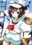  1girl anchor black_hair blue_eyes hat highres holding holding_anchor holding_ladle ladle looking_at_viewer midriff murasa_minamitsu navel ruu_(tksymkw) sailor_hat short_hair shorts solo swept_bangs touhou white_shorts 