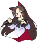  1girl animal_ears blush brown_hair dress highres imaizumi_kagerou ini_(inunabe00) long_hair open_mouth red_dress red_eyes simple_background smile solo touhou white_background white_dress wolf_ears 