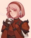  1girl armor artist_name blush braid breastplate commentary cup english_commentary fire_emblem fire_emblem_engage gloves hair_ribbon hairband highres holding holding_cup lapis_(fire_emblem) looking_at_viewer medium_hair pauldrons pink_eyes pink_hair red_hairband ribbon short_hair shoulder_armor side_braid sleepy_korok smile solo steam swept_bangs two-tone_hairband white_ribbon 
